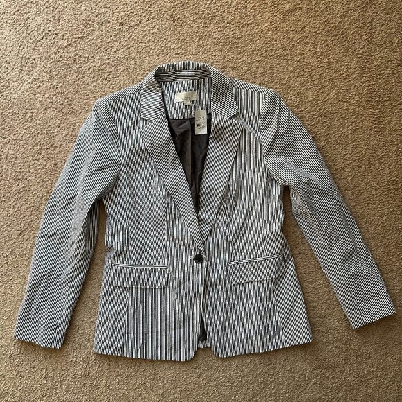 Loft Blazer Womens 4 NWT Seersucker 1 Button Close Striped Notch Cotton Blend - Picture 1 of 14
